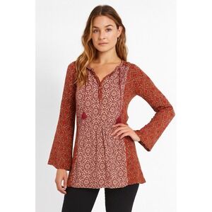 Akemi + Kin Dress Womens Small Red Boho Long Sleeve Tassel Print Peasant Tie